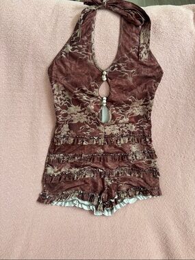 Brown Floral Halter Romper with Bead Accents